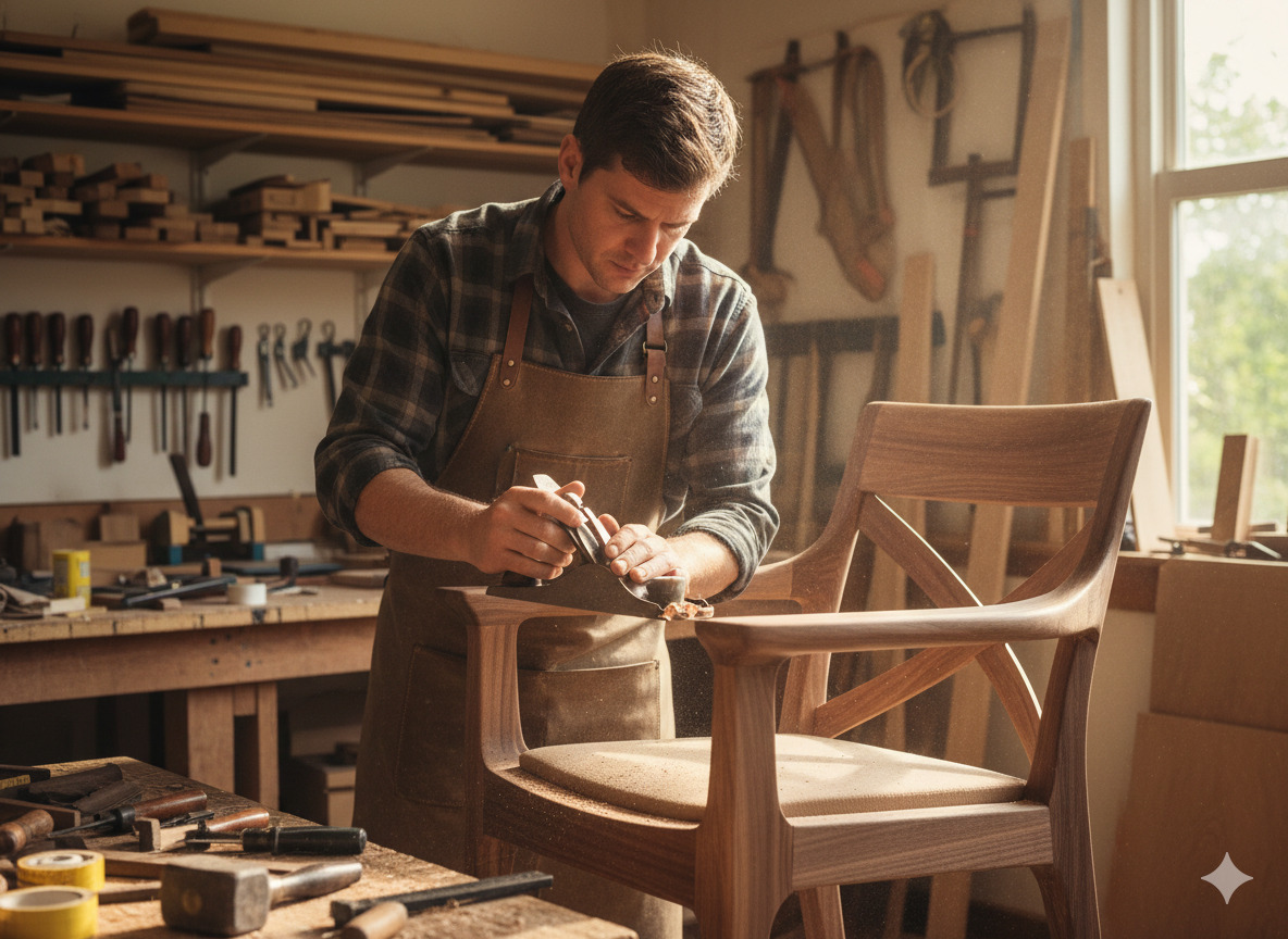Craftsman working on custom furniture piece